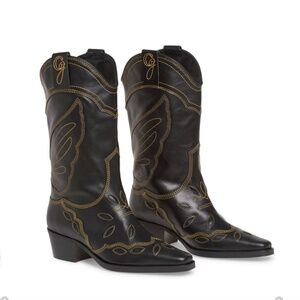 GANNI Mid Shaft Embroidered Western Cowboy Boots High Texas Boot Black Size 40 9